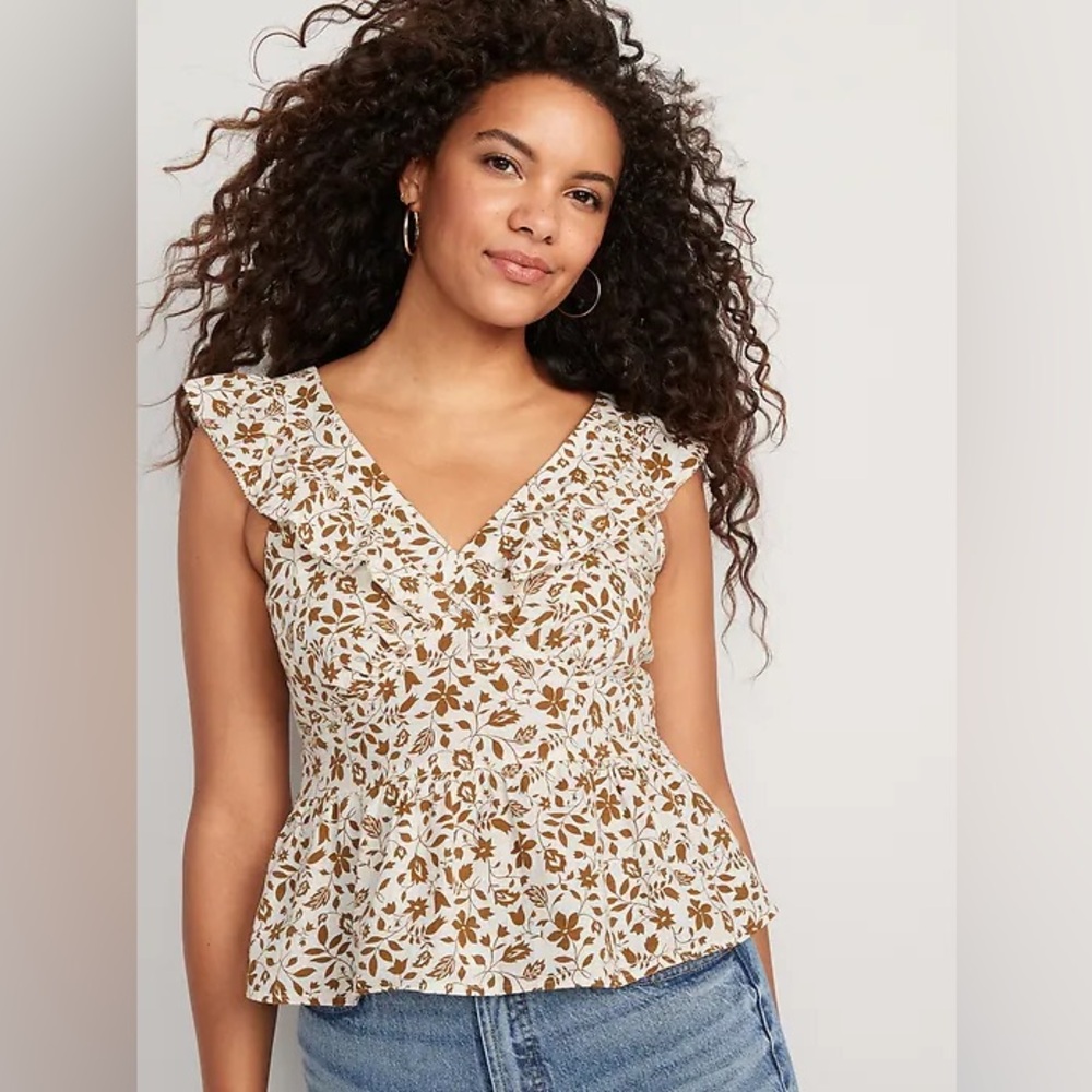 Old Navy Cream & Brown Flutter Sleeve Floral V Neck Top